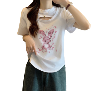 RM11323#大码女装2023夏季新款设计感镂空宽松显瘦印花短袖T恤上衣