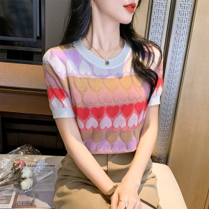 RM18528#爱心撞色宽松针织衫2023夏季新款创意简约风百搭薄款上衣女