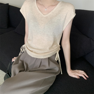 RM15471#夏季新款V领抽褶系带设计感条纹针织衫短袖女上衣