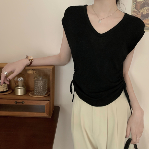 RM15471#夏季新款V领抽褶系带设计感条纹针织衫短袖女上衣