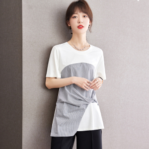RM21020#法式上衣女夏季新款个性拼接短袖T恤中长款假两件体恤
