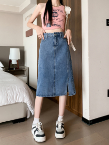 RM10992#夏季高腰直筒开叉裙子设计感小众中长款A字牛仔半身裙女