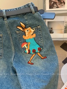 RM10311#兔子高腰牛仔短裤女夏季高腰显瘦小个子设计感裤子直筒休闲五分裤