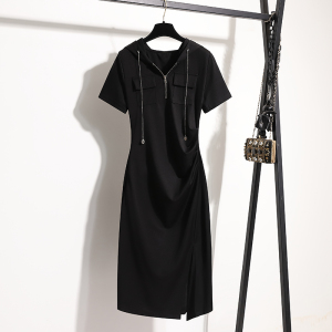 RM10301#连帽短袖连衣裙女夏季新款欧货高级感收腰显瘦开叉小黑裙