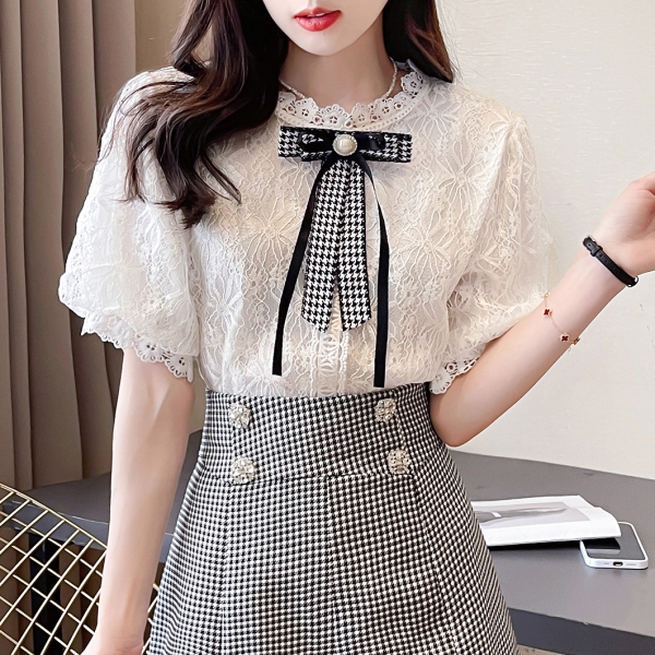 RM15846#夏季新法式温柔风淑女气质甜美蝴蝶结蕾丝衫短袖上衣