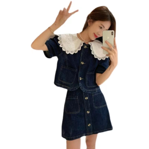 RM11578#夏季2023新款赫本风蕾丝娃娃领短上衣半身裙牛仔两件套装小个子女