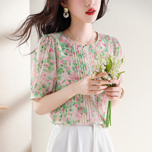 RM10342#夏季圆领短袖套头甜美蕾丝衫/雪纺衫