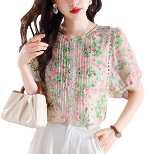 RM10342#夏季圆领短袖套头甜美蕾丝衫/雪纺衫