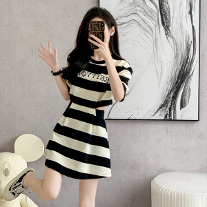 RM10382#中长款宽松显瘦露腰T恤裙女 夏季新款黑白条纹连衣裙