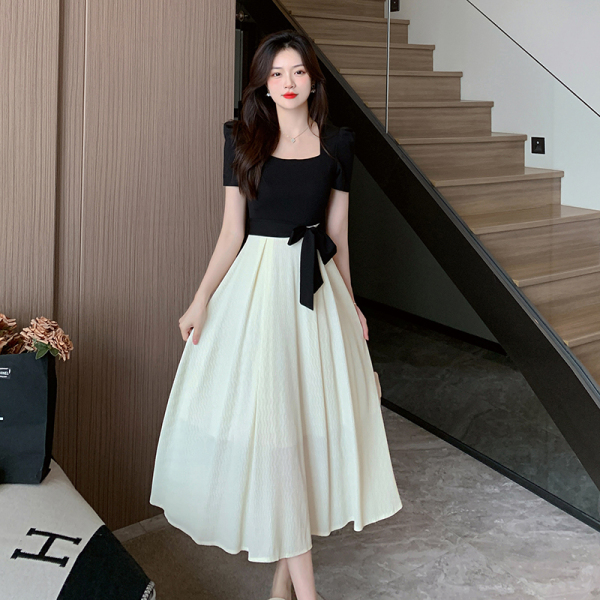 RM10694#夏季新款法式赫本风黑白拼接连衣裙设计感小众假两件长裙