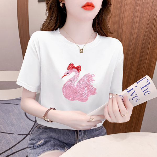 RM12591#短袖t恤夏装新款刺绣珠片小天鹅卡通减龄洋气韩版上衣女