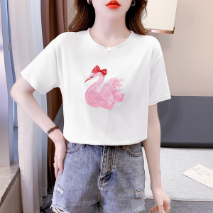 RM12591#短袖t恤夏装新款刺绣珠片小天鹅卡通减龄洋气韩版上衣女