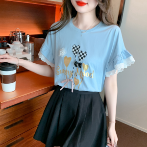 RM10572#夏季新款韩版圆领喇叭袖T恤蕾丝花边蝴蝶结花朵短袖女