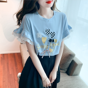 RM10572#夏季新款韩版圆领喇叭袖T恤蕾丝花边蝴蝶结花朵短袖女