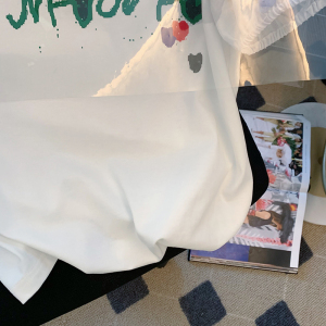 RM10319#夏季宽松圆领上衣新款短袖t恤女印花网纱泡泡袖