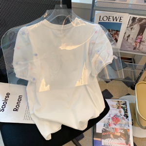RM10319#夏季宽松圆领上衣新款短袖t恤女印花网纱泡泡袖