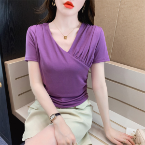 TR33097# 紫色短袖T恤女正肩显瘦别致设计褶皱正肩v领上衣 服装批发女装批发服饰货源