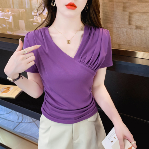 TR33097# 紫色短袖T恤女正肩显瘦别致设计褶皱正肩v领上衣 服装批发女装批发服饰货源