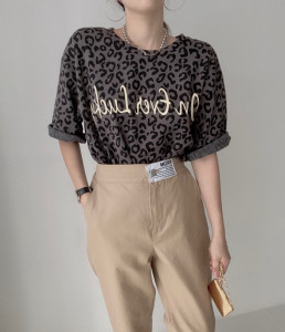TR37625# 韩系chic小众复古豹纹短袖T恤 服装批发女装批发服饰货源
