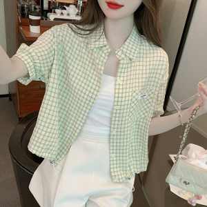 RM11014#夏季新款格子薄款衬衫女设计感下摆抽绳防晒休闲短款外套上衣
