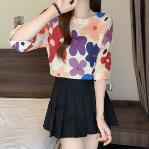 TR35126# ~大码韩版洋气印花针织衫女冰丝薄款胖mm蝙蝠袖上衣 服装批发女装批发服饰货源
