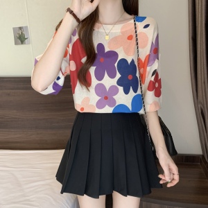 TR35126# ~大码韩版洋气印花针织衫女冰丝薄款胖mm蝙蝠袖上衣 服装批发女装批发服饰货源