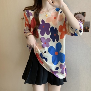 TR35126# ~大码韩版洋气印花针织衫女冰丝薄款胖mm蝙蝠袖上衣 服装批发女装批发服饰货源