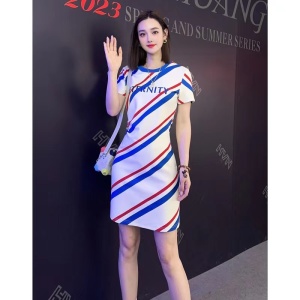 RM16415#夏季新款时尚休闲连衣裙设计感条纹字母裙子女装短袖包臀裙潮