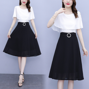 RM13010#大码女装2023夏季新款韩版修身显瘦气质减龄雪纺拼接连衣裙