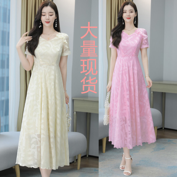 RM11407#新款女夏提花高端雪纺收腰连衣裙法式波西米亚长裙