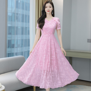 RM11407#新款女夏提花高端雪纺收腰连衣裙法式波西米亚长裙