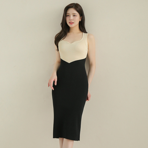 RM14723#韩版夏装新款拼接撞色修身无袖针织连衣裙女包臀中裙