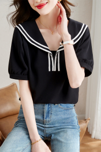 RM21026#夏季海军零黑色雪纺衬衫女设计感小众遮肚上衣