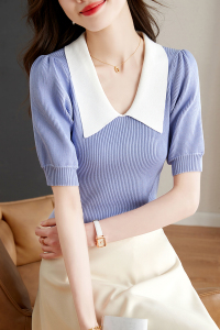RM21027#夏季灯笼袖冰丝针织衫T恤薄款女短袖上衣设计感小衫