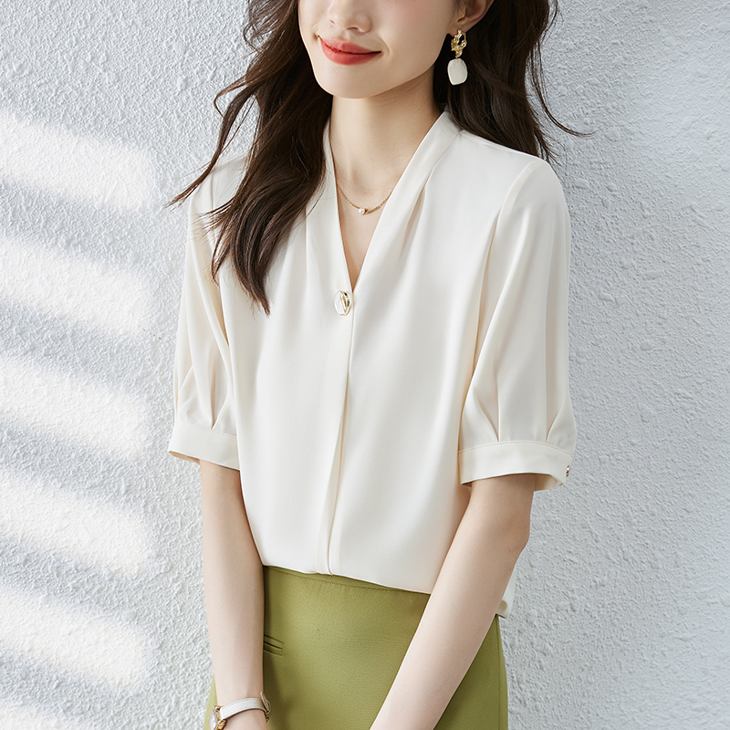 實拍2026夏季新款韓版百搭V領短袖緞面襯衫女上衣夏
