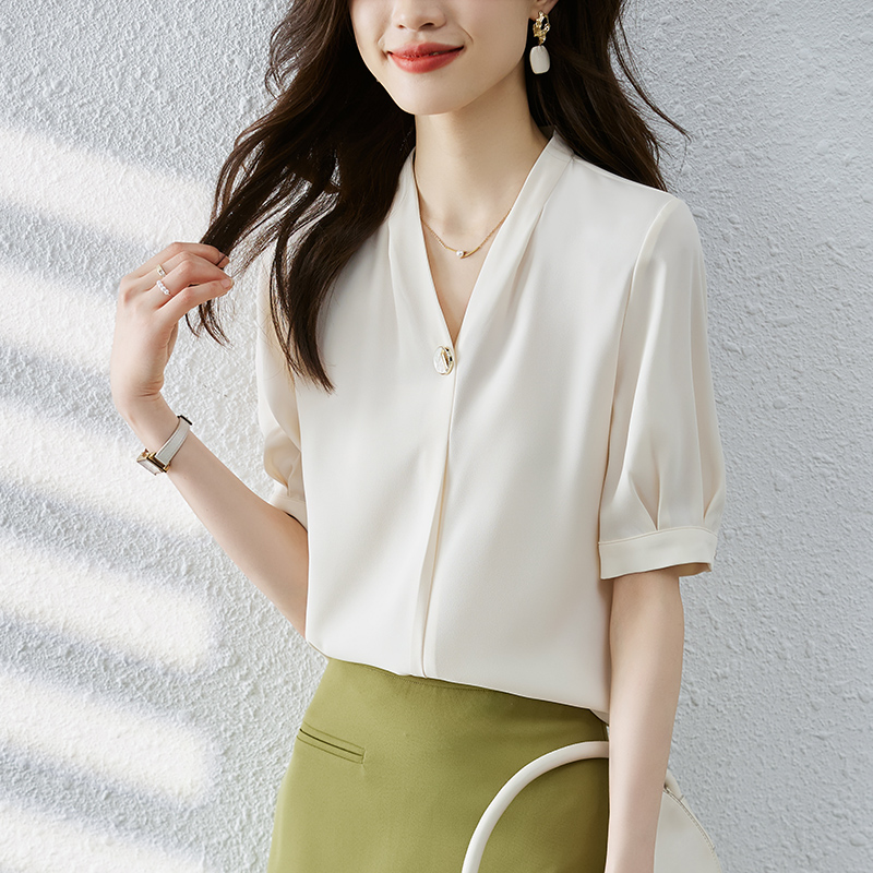 實拍2026夏季新款韓版百搭V領短袖緞面襯衫女上衣夏