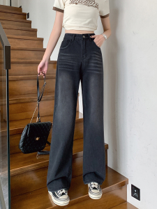 RM10542#黑色牛仔裤女裤子宽松阔腿裤设计感口袋直筒裤裤长裤潮