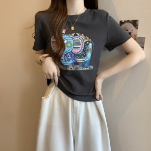 RM11141#大码涂鸦彩色大象图案印花短袖T恤女韩版百搭休闲上衣女 