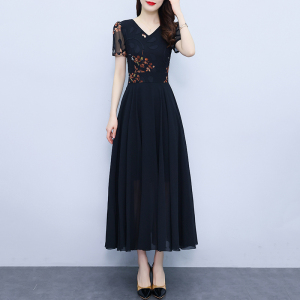 RM13866#短袖连衣裙女2023年夏季新款雪纺碎花大码胖mm收腰显瘦遮肚长裙
