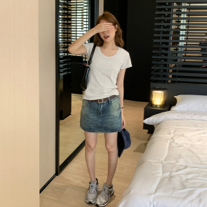 RM16755#纯色圆领短袖T恤女修身显瘦设计感2023夏季新款辣妹短款上衣
