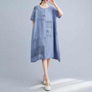 RM12404#夏装新品大码女装套头圆领中长短袖印花连衣裙