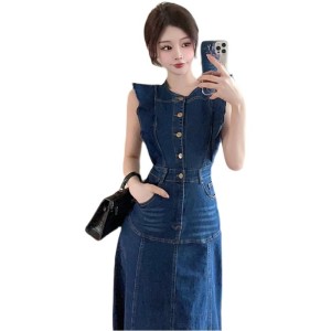 Real time photos of women's clothing， American style retro high street waist up royal sister mid length dress， small fra