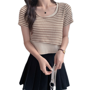 RM16993#夏季新款设计感假两件条纹撞色拼接短袖t恤显瘦上衣女