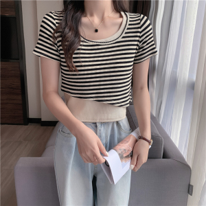 RM16993#夏季新款设计感假两件条纹撞色拼接短袖t恤显瘦上衣女