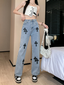 RM10994#春夏新款十字架牛仔裤女高腰宽松设计感小众直筒阔腿裤子潮