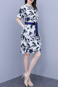 RM16196#新款超美的水墨花色巨显瘦春夏季撞色收腰系带圆领短袖连衣裙