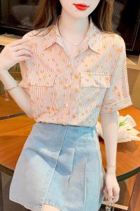 RM22679#夏新款法式设计感小众时尚气质衬衫翻领印花条纹宽松上衣