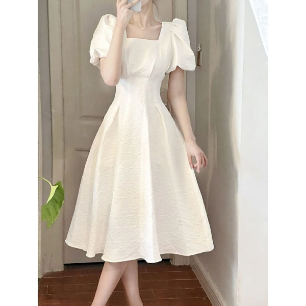 RM13472#夏季新款法式初恋白色长裙女收腰显瘦小清新气质短袖连衣裙