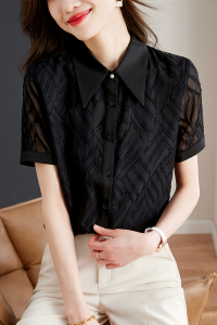 RM21030#黑色衬衫女短袖宽松显瘦雪纺上衣设计感小众百搭衬衣