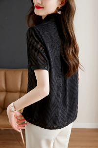 RM21030#黑色衬衫女短袖宽松显瘦雪纺上衣设计感小众百搭衬衣